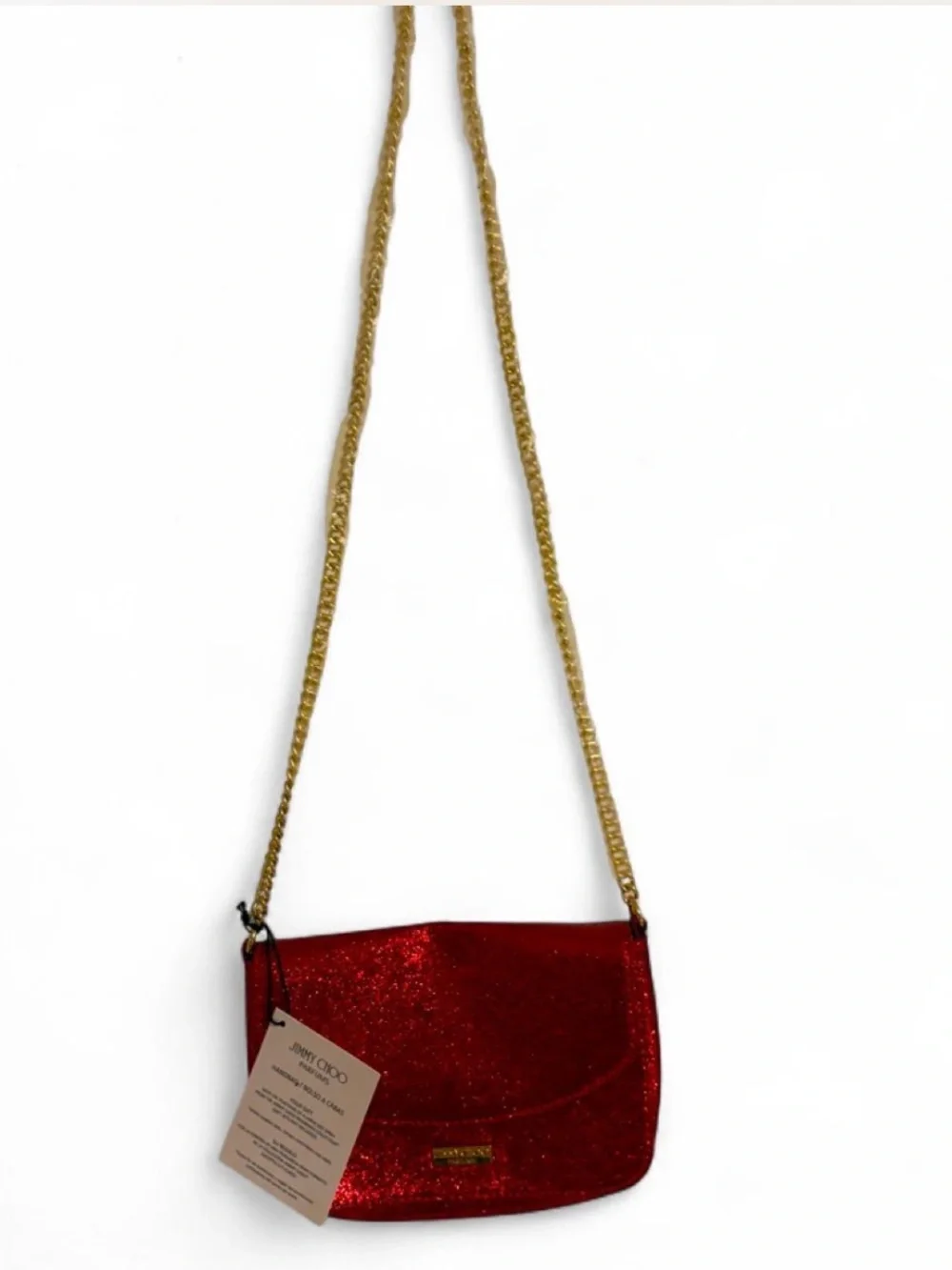 Jimmy Choo Red Glitter Crossbody with Gold Chain Strap